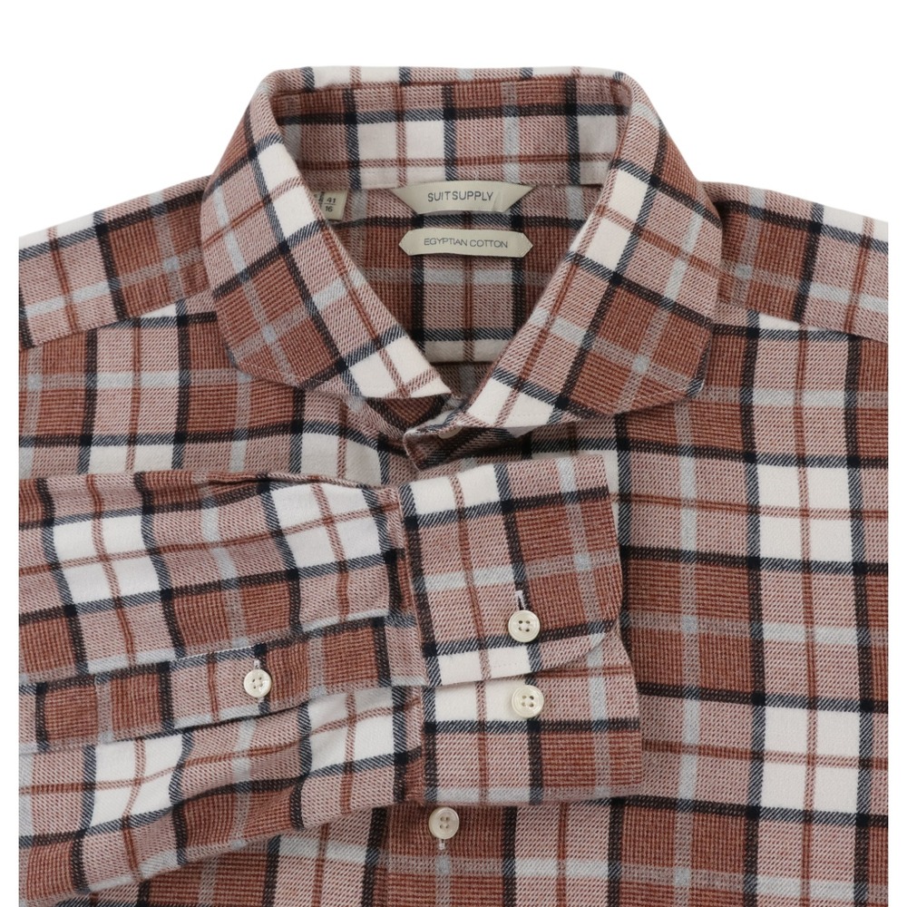 Suitsupply Shirt Mens  16 / 41 Brown Plaid Egyptian Cotton Flannel Long Sleeve